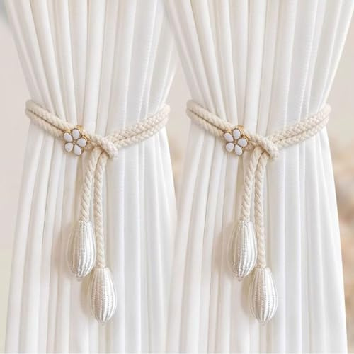 SHSMPXOY 4 Pcs Alzapaños para Cortinas Ajustable Cortinas Cuerda Trenzada Sujeta Cortina Algodón y Cáñamo Curtain Tiebacks Elegantes Bohemios con Hebilla de Cuerda para Decoración del Hogar(Beige)