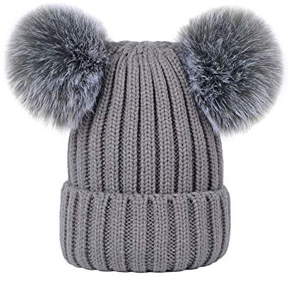 Martin Kench Damen Strickmütze mit Doppel-Fell-Bommel und Fleece Futter, Winter-Mütze, Bommelmütze (Grau,S: 32-52cm)