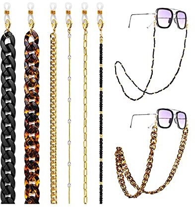 17KM 6–9 Stück Sonnenbrillenkettenhalter für Frauen, schwarze Acrylperlen, Brillenkette mit Clips um den Hals. - Schwarz - Large