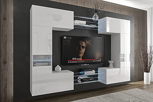 Furnitech Wohnwand Wohnzimmer | Wohnzimmer Möbel mit LED RGB - 16 Farben | Hängend Wohnwand Modern | Wohnzimmer Schrankwand mit Regale und TV Schrank (C29N-21W-HG2-1A)