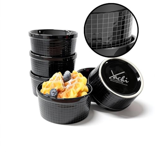 Yachi Black Ramekins 4oz 3.2 inch Set of 6, Oven Safe Dishwasher Safe, dessert bowls, Dipping sauce cups, Ceramic Creme Brulee, Baking Souffles Ceramic Ramekin