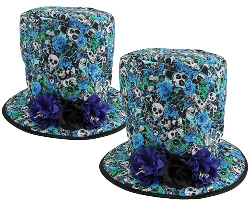 com-four® 2x Totenkopf-Zylinder - Kopfbedeckung für Fasching, Halloween und Mottoparty zum Tag der Toten - faltbarer Party-Hut mit Blumen - Kostümzubehör Día de Muertos (blau)