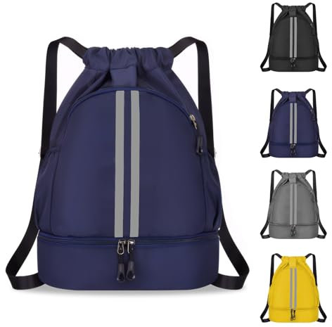 MEYDLL Turnbeutel, Große Kapazität Sportbeutel, Rucksäcke mit Kordelzug, Wasserresistente Sportrucksack mit Reflektierender Streifen, Gym Bag mit Zwei Seitentaschen für Damen und Herren(Dunkelblau)
