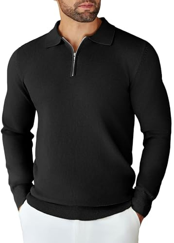 COOFANDY Men's Polo Jumper Zip Poloshirt Long Sleeved Sweater | Polo Shirts for Men Adult, Zip Polo Lightweight Quarter Zip Jumper, Smart Casual Work Sweater