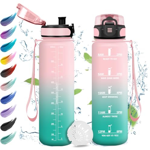 Trinkflasche 1L, Wasserflasche Sport mit Filte, Auslaufsichere, Trinkflasche Sport Kohlensäure Geeignet, Sportflasche mit Zeitmarkierung, Wasserflasche für Camping, Yoga, Gym, Outdoor, Büro
