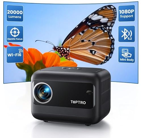 Mini Beamer【Elektrischer Fokus】 Tragbarer Projektor Full HD 1080P, 20000Lumen WiFi Bluetooth Klein Projektor, TOPTRO Beamer mit ±40° Vertikale Korrektur, Zoom für TV Stick/Phone HDMI USB