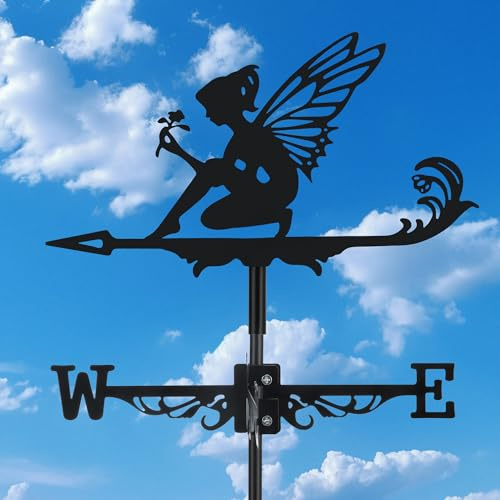 Fairy and Flower Weather Vane, Black Metal Weathervane Roof Mount, Wind Direction Indicators Wind Measuring Tool Outdoor, Wind Vane Ornament Decoration for Shed Garden Yard Farmhouse Patio Decor