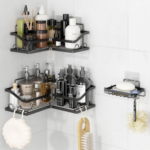 KedioPio Mensola Doccia Senza Foratura, 3 Pezzi Antiruggine Porta Shampoo Portasapone Doccia Angolare da Appendere, Adesivo Porta Oggetti Doccia Shower Shelf Con 12 Ganci Per Bagno o Cucina, Nero