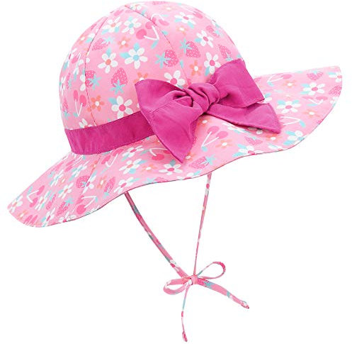 Durio Sonnenhut Baby Mädchen Jungen Kinder Sonnenschutz UPF 50 Sommer Kinderhut Fischerhut mit Breite Krempe Pinke Blumen 4-8 Jahre
