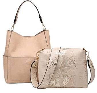 JEN & CO. Eimertasche Gitarrengurt Geldbörse – Handtasche Abby 2-in-1 Bucket Bag w/Animal Print Gitarrengurt (M1714), Metallische Schlange/Lt Pfirsich