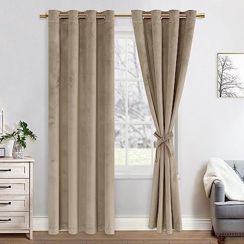 JIUZHEN Verdunklungsvorhang Samt Vorhang Blickdichte Kälteschutz Gardine | Gardinen Grün Samtvorhang mit Ösen Vorhänge Deko Schlafzimmer Wohnzimmer,140x225cm (BxH),Taupe