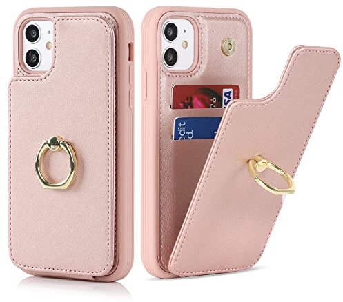 Cavor iPhone 11 Phone Case,iPhone 11 Case With Card Holder,Flip Folio Leather Wallet Case,Magnetic Ring Kickstand Shockproof Cover Case for iPhone 11 - Rose gold