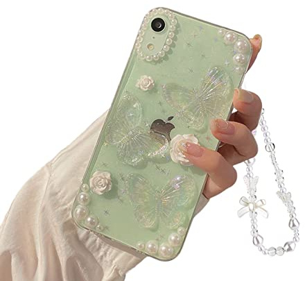 Ownest Kompatibel för iPhone XR fodral med klar 3D fjäril blommig estetisk design för kvinnor flickor glitter söt kristall gnistfodral skyddsfodral + pärlkedja