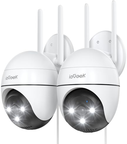 ieGeek 2K Telecamera Wi-Fi Esterno, 3MP Visione Notturna a Colori 15m, 360° PTZ Videocamera Sorveglianza WiFi, Rilevamento Umano PIR, Allarme Sonoro e Luminoso, Alexa 2 Pcs