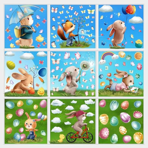 Fensterbilder Ostern Selbstklebend 9 Blätter, 174 Pcs Fenstersticker Aufkleber PVC mit Hasen Ostereier Küken, Wiederverwendbar Osterdeko Fenster Aufkleber für Kinderzimmer Oster Dekorationen