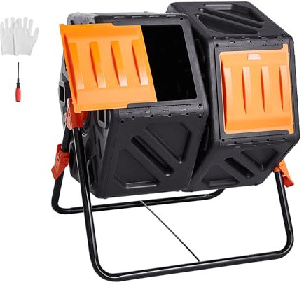 VEVOR Compostiera da Giardino Rotante 140L Doppia Camera, Compostiera Girevole a 360° in PP Senza BPA Portata max. 40 kg per Compostaggio Rifiuti Organici di Cucina per Giardinaggio Cortile Esterno