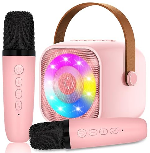 Karaoke Enfant avec 2 Microphones, Microphone Karaoké sans Fil, Haut-Parleur Bluetooth avec Micro, Jouet de Machine Karaoké avec LED Lumière pour Enfant Adulte Fille Cadeau Chanter