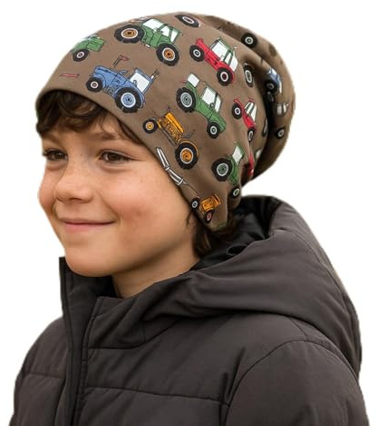 Ullkyckling ekologiskt pojkar/flickor/barn bekväm mjuk lång mössa/mössa/beanie-mössa/stickad mössa/barnmössa, jerseyfodrad övergångsperioder (ekologiskt tyger/bio) .., Traktor brun/färgglad, 52-54