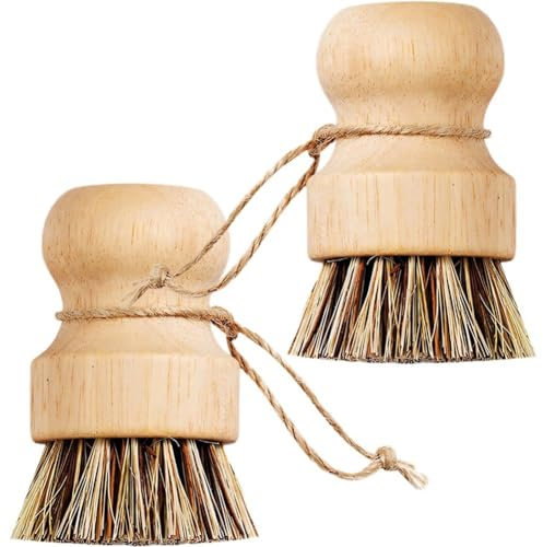 2pcs Wooden Dish Scrub Brushes, Short Handle Pot Scrubbing Brush, Round Mini Dish Brush for Cleaning Pots, Pans, Plate