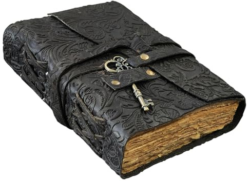 Geprägtes Leder-Tagebuch mit antiken Schlüsseln, Vintage-Seiten, handgefertigtes Tagebuch, Leder-Skizzenbuch, Notizblock, Reisetagebuch, Schattenbuch, Ledergrimoire (Black, 10x7 Inch)