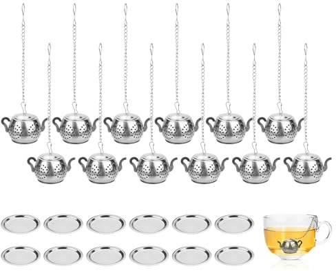 12 Pcs Stainless Steel Tea Ball Strainer, Mesh Teapot Loose Leaf Tea Infuser Steep Interval Diffuser, Hole Filter with Extended Chain Hook and Drip Tray for Herbal Tea, Herbs, Spices, Mugs Teapots