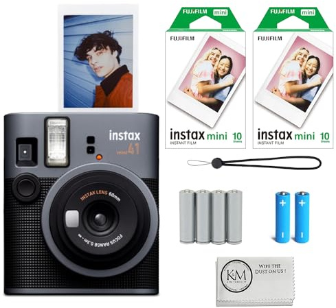 FUJIFILM INSTAX Mini 41 Instant Camera Bundle with Instax Mini Film | 20 Exposures + 4 Pack AA Batteries + Cleaning Cloth (4 Items)