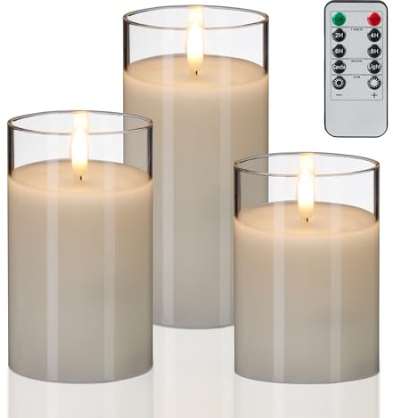 Relaxdays LED-ljus i glas, uppsättning av 3, fjärrkontroll, timer och flimrande låga, äkta vax, vindlampor flamfria, vita