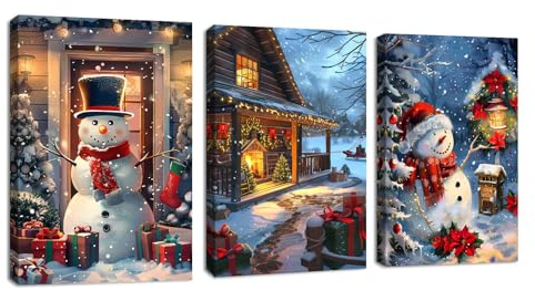 3Pcs Leinwandbilder Bilder mit Rahmen Weihnachten Winter Schnee Szene Bild Auf Leinwand Rot Schneemann Hütten Beleuchtung Nachtlandschaft Wandkunst Wandbilder Deko für Wohnzimmer Schlafzimmer 40x60x3