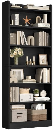 Yaheetech 7-Tier Bookcase, Modern Bookshelf with Top Open Compartment, Adjustable Tall Book Shelf for Living Room, Bedroom, Home Office & Study, 60 x 24 x 180.5 cm, Black | Top Open Compartment | Display Storage | Floor Standing | Modern Design | Home Office & Living Room