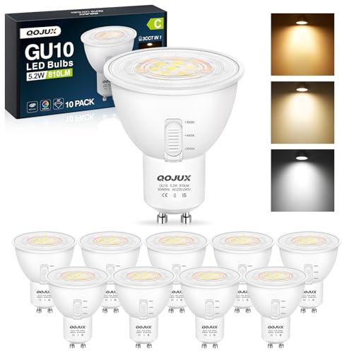 GU10 LED 5.2W 810LM, Energieeffizienzklasse C 3CCT Einstellbar Glühbirne | Warmweiss 3000K/ Neutralweiss 4000K/ Kaltweiss 6500K, 80W Halogenlampe Ersetzt, 38° Abstrahlwinkel, Nicht Dimmbar, 10 Stück