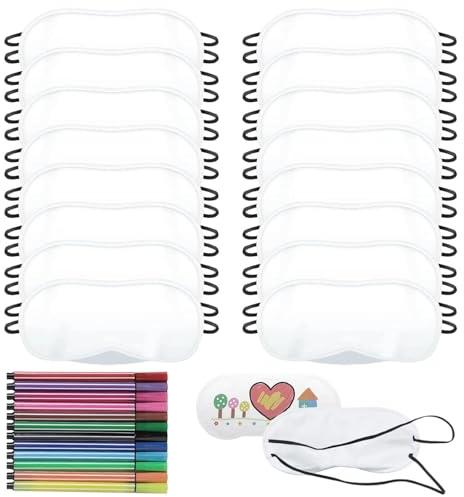 Touosy 16 Pezzi Bemalabili Maschera per Dormire in Poliestere 12 Pennarelli Colorati, Morbida Mascherina Occhi per Dormire Confortabile Sleep Mask per Feste Pyjama Viaggi Giochi Adatta a Bambini