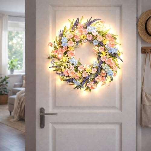 Ghirlanda per porta primaverile con luce LED, 40 cm, corona primaverile con catena luminosa di fiori artificiali, ghirlanda illuminata, decorazione primaverile con illuminazione, ghirlanda di fiori