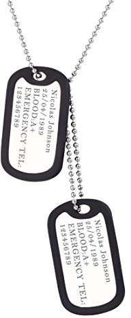 U7 Collier Homme Dog Tags Personnalisé en Acier Inoxydable Pendentif Plaque Couverte de TPU Noir + 1 Chaîne de Boule 60cm