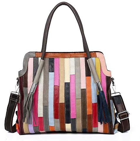 Segater® Damen Multicolor Einkaufstasche Echtes Leder Handtasche Bunte Patchwork Große Umhängetasche Shopper Taschen Großer Crossbody Hobo Handtasche