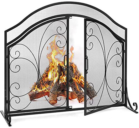 MMQGQ store Funkenschutz Kamin-Bildschirm Mit Scrollwork-klapptüren, Schwarze Feuer-funken-Guard-Gitter Für Innenausstattung, Metallstahl-mesh/Arc-Design, 39,3 × 33.4inch