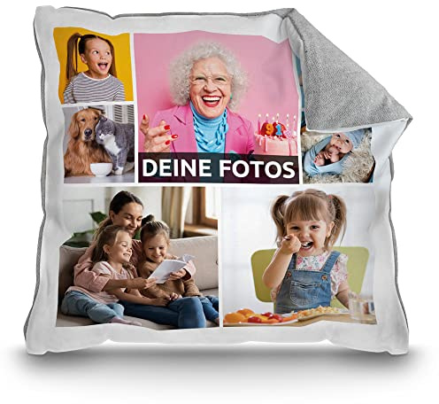 Print Royal Kissen mit Fotocollage selbst gestalten - mit 7 Fotos Personalisieren - Geschenk für Freunde und Familie | Rückseite Pastellgrau, inkl. Kissenfüllung, 40x40cm