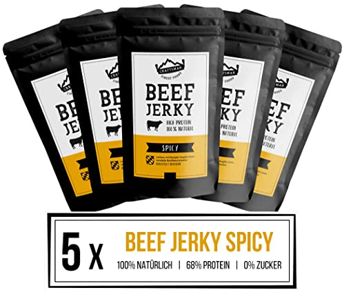 Craftsman Beef Jerky Spicy | Trockenfleisch aus Deutschland - Bayern | Set 5 x 100g = 500g | 100% natürlich ohne Zucker | 100% Rind | High Protein 68% | Dörrfleisch Chili Scharf
