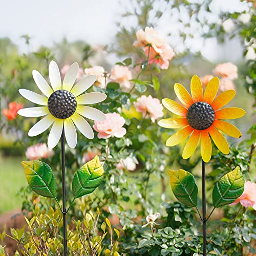 Venniy 2Pack Garden Wind Spinners,Metal Wind Sculptures Outdoor Windmill Flower Pinwheel Decorations for Yard Lawn Patio Decor(Yellow and White)