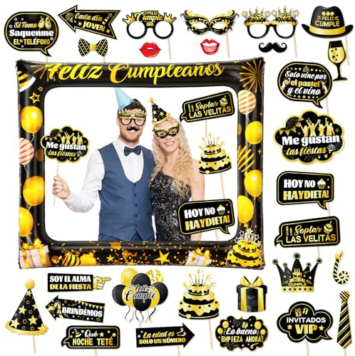 HOWAF Photocall Feliz Cumpleaños Español 28Pcs Accesorios Foto Props + Marco de Fotos Hinchable para Decoración de Fiesta Oro Negro
