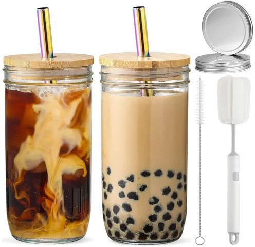 CJWLKJ 2-Pack 24oz Glass Cups Tumbler with Lids and Straws & 2 Airtight Lids, Reusable Boba Bubble Tea Cups, Mason Jar Drinking Glasses Iced Coffee Cup for Long Drinks, Water, Cocktail, Whiskey, Gift