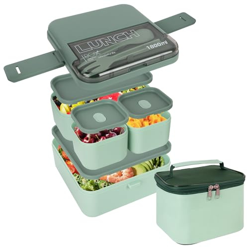 Linkidea Lunchbox mit Lunchtasche, wiederverwendbar, doppelschichtig mit mehreren Fächern und Utensilien, Lebensmittelbox mit auslaufsicherem Deckel, mikrowellen-/spülmaschinen-/gefriergeeignet (Grün)