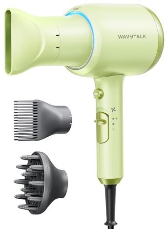 Wavytalk Hair Dryer with Diffuser, Blown Away Ionic Hair Dryer for Curly Hair with Comb, 1875W Fast Drying Blow Dryer with Ceramic Technology, 3 Attachments for All Hair Types, Light and Quiet, Green