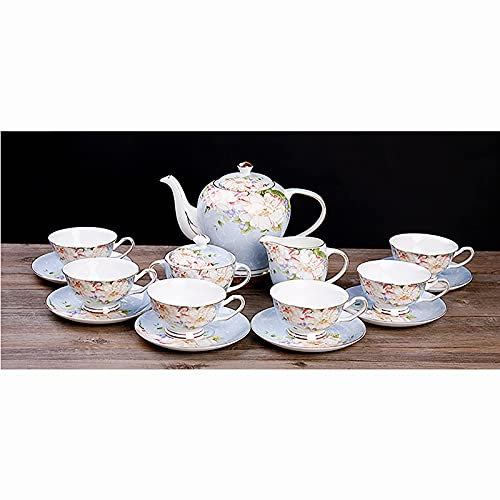 OWOHYG Juego de té de Porcelana de 15 Piezas para Adultos, Tazas de café y platillos Vintage de Porcelana China, Servicio de 6, con Tetera, azucarero, Jarra de Leche para Bodas y el hogar, Rosa