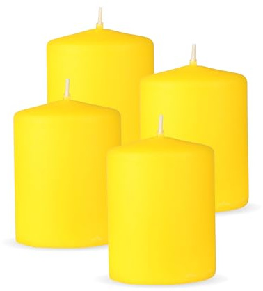 HS Candle Stumpenkerzen 4er Pack Gelb, Größe Ø7 x 8 cm, Wachskerzen lange Brenndauer bis zu 20 Std. - unparfümierte Säulenkerzen - viele Farben/Größen