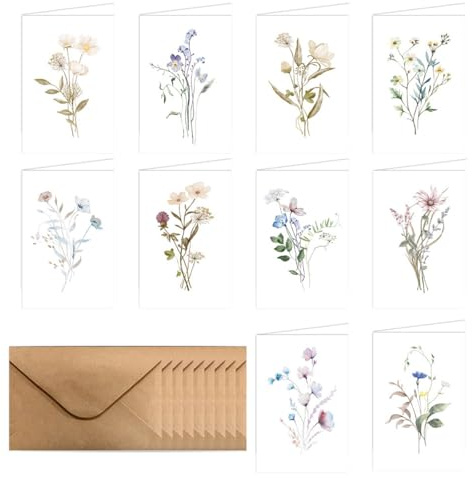 Nicear 10 st tomma kort Blomma, konsthälsning A6 blommiga gratulationskort och 10 släta kuvert, blommönster blank