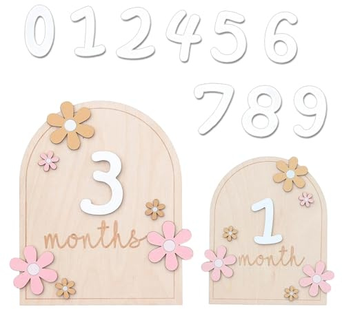1 tarjeta de hitos de madera para bebé, diseño de flores coloridas, con puntos adhesivos, accesorios de fotos de madera para 0 – 12 meses, registro de crecimiento de baby shower (forma de arco)