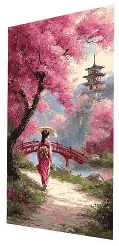 Diamond Painting flores de cerezo Manualidades Adultos, Pintura de Diamante Kit Punto de Cruz Bordado Geisha Diamond Painting Niños 80 x 160CM, Diamantes Cuadros Decoracion Salon Modernos GYL-11851