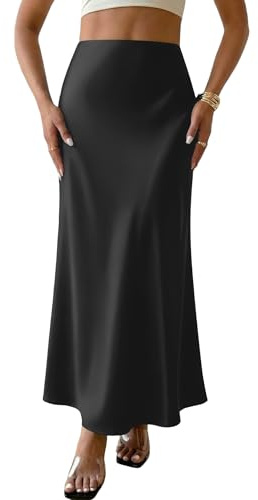 LOMON Black Silk Satin Skirt Dressy Casual Flowy Elegant A Line High Waisted Long Cocktail Wedding Maxi Skirt M