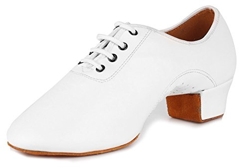 JUODVMP Men's White Leather Professional Latin Dance Shoes Ballroom Jazz Tango Waltz Performance Shoes,Model NWX-LDD,8.5 B(M) US