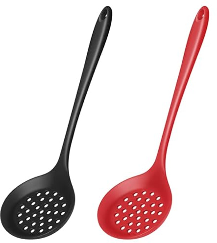 Armrouns Skimmer Slotted Spoon 2PC Set, Heat Resistant 600 °F Slotted ladle Spoons For Kitchen Cooking. (Black & Red)